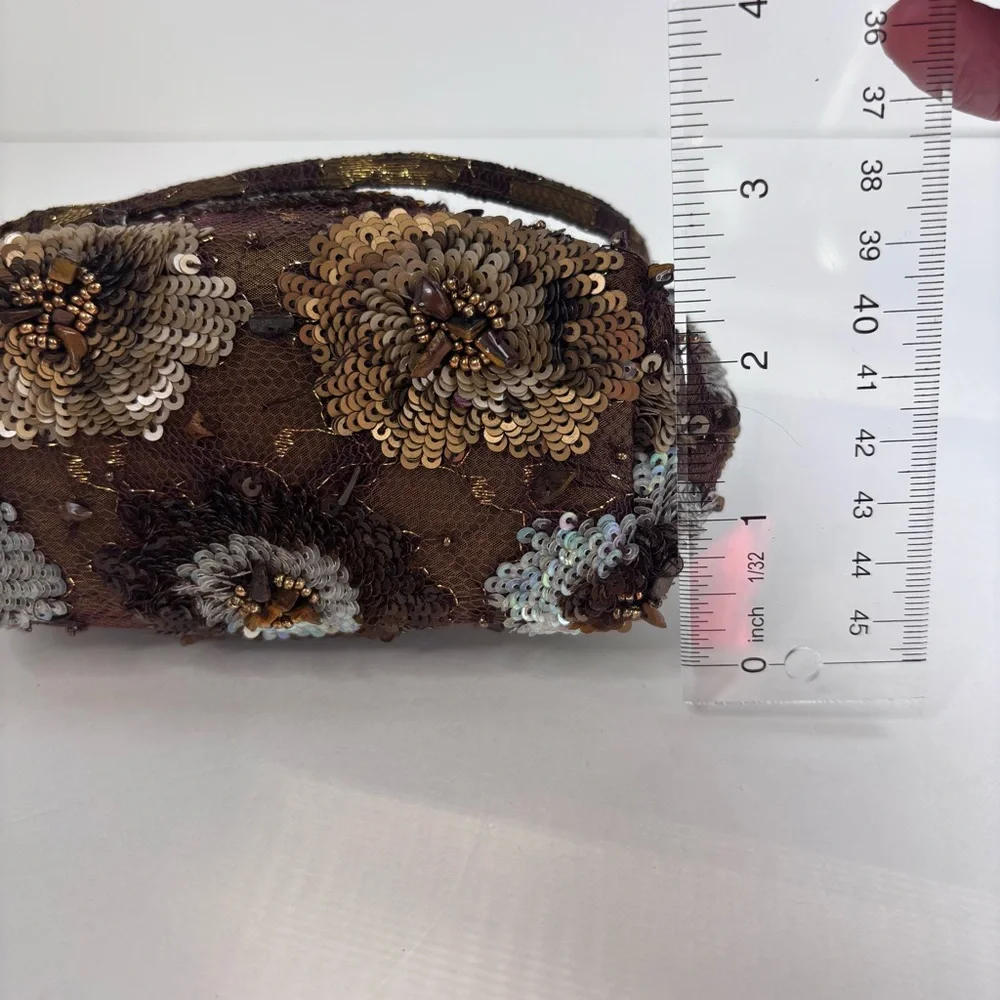 SANTI Y2K Brown Silk Beaded Sequin Tiger’s Eye Evening Luxury Hand Bag‎